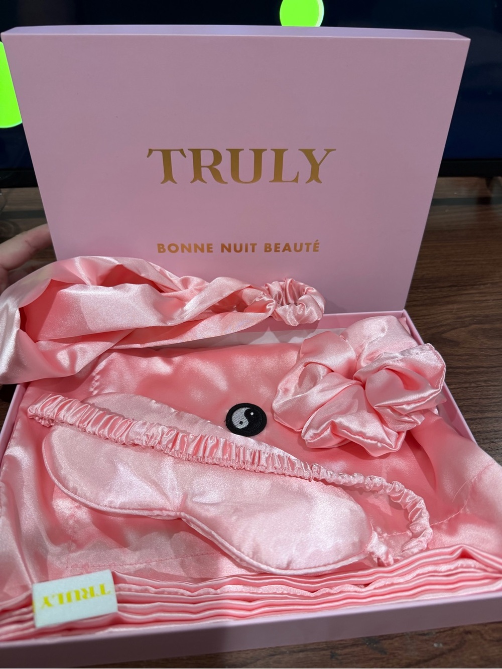 TRULY Pink Satin Sleep Mask & Hair Set with pillow case
